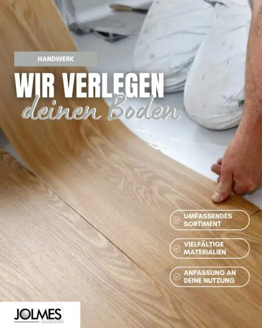 Mit Jolmes musst du dich nicht zwischen Langlebigkeit und Ästhetik entscheiden!

Abgenutzte, beschädigte oder unpassende Bodenbeläge wirken schnell ungepflegt und können den gesamten Raum verändern.

Jolmes sorgt mit professionellen Bodenbelagsarbeiten für eine saubere Basis. Wichtig sind dabei nicht nur Optik und Material, sondern auch Belastbarkeit und eine fachgerechte Verarbeitung. Ob für dein Zuhause, für Industrieflächen oder den Handelsbereich: Wir bieten Bodenbelagsarbeiten an, die speziell auf die jeweiligen Bedürfnisse zugeschnitten sind.

Du möchtest deine Räume sichtbar aufwerten? Dann melde dich bei Jolmes.

#JolmesGruppe #Bodenarbeiten #Raumgestaltung #Paderborn