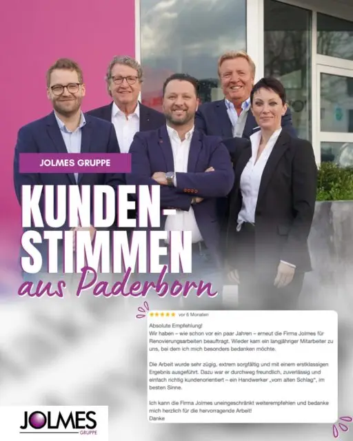 Solche Nachrichten sind für uns die schönste Bestätigung. 🙏

Wenn Kunden uns zum wiederholten Mal beauftragen und unsere Arbeit so wertschätzen, dann wissen wir, dass wir das Richtige tun. Zuverlässigkeit, Sorgfalt und ein persönlicher Ansprechpartner: Dafür steht die Jolmes Gruppe seit 70 Jahren.

Vielen Dank für das Vertrauen. Das motiviert unser gesamtes Team, jeden Tag unser Bestes zu geben.
📍 Dein Partner in Paderborn und Umgebung

#Kundenstimme #Empfehlung #Paderborn #JolmesGruppe #Vertrauen #Qualität #Renovierung #Handwerk #ZufriedeneKunden #OWL