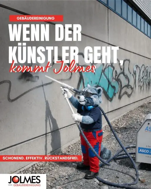 Nicht jedes Kunstwerk gehört an eine Hauswand!

Jolly kümmert sich darum, ganz nach Jolmes Standards! 🦝
Unsere Gebäudereinigung sorgt dafür, dass aus beschmierten Flächen wieder ein sauberer Eindruck wird. Effektiv, materialschonend und ohne Rückstände.

Du hast ungewollte Kunst an deinem Gebäude? Jolmes beseitigt sie für dich!

#JolmesGruppe #Graffitientfernung #Gebäudereinigung #Paderborn
