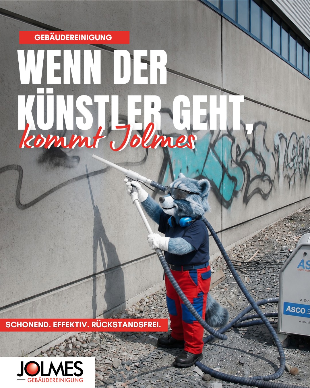 Nicht jedes Kunstwerk gehört an eine Hauswand!

Jolly kümmert sich darum, ganz nach Jolmes Standards! 🦝
Unsere Gebäudereinigung sorgt dafür, dass aus beschmierten Flächen wieder ein sauberer Eindruck wird. Effektiv, materialschonend und ohne Rückstände.

Du hast ungewollte Kunst an deinem Gebäude? Jolmes beseitigt sie für dich!

#JolmesGruppe #Graffitientfernung #Gebäudereinigung #Paderborn
