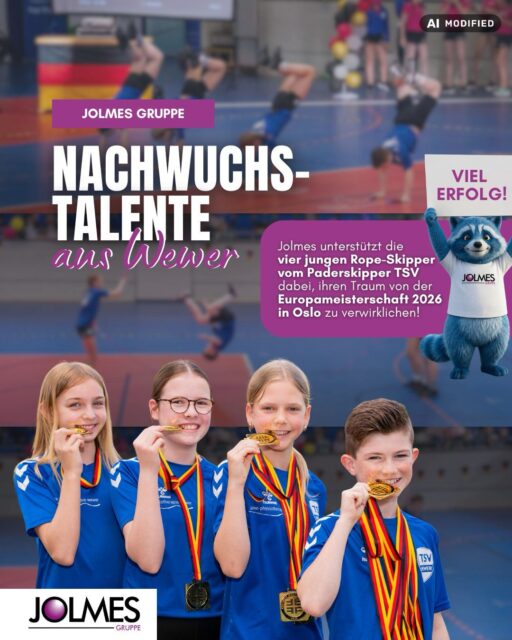 Junge Talente, ein großer Traum und jede Menge Leidenschaft!💪

Die vier jungen Rope Skipper vom Paderskipper TSV Wewer haben mit viel Ehrgeiz und Leidenschaft ein beeindruckendes Ziel erreicht: die Teilnahme an der Europameisterschaft 2026 in Oslo.

Wir sind stolz, euch auf diesem Weg begleiten zu dürfen und wünschen euch ganz viel Erfolg diese Woche!

#paderskipper #ropeskipping #jolmesgruppe #paderborn #nachwuchstalent