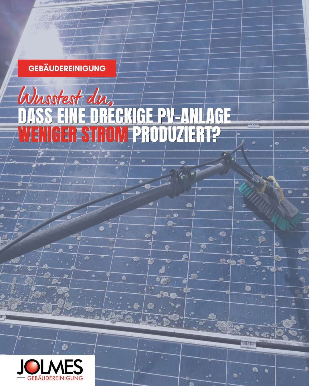 Schmutz kostet Leistung.
Ein Fakt, den viele PV-Besitzer nicht kennen!

Einfache Rechnung: Dreckige Module = weniger Ertrag = weniger Geld.

Damit deine PV-Anlage effizient arbeiten kann, müssen die Module möglichst frei von Verschmutzungen sein. Denn jede Ablagerung kann verhindern, dass das Sonnenlicht optimal genutzt wird. Das kann einen deutlichen Leistungsverlust bedeuten!

Wir reinigen deine Anlage, damit sie wieder volle Leistung bringt. Kein Fachchinesisch, nur ein klarer Nutzen.

📍Paderborn und Umgebung. Jetzt unverbindlich anfragen über den Link in der Bio!

#photovoltaik #jolmesgruppe #paderborn